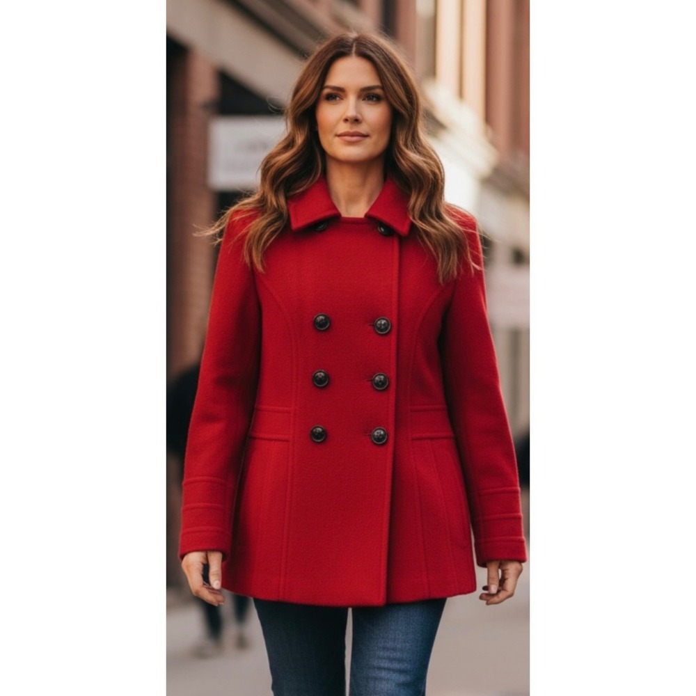 ST JOHNS BAY Womens Peacoat Petite Medium Red Cashmere Blend‎ Double Breasted
